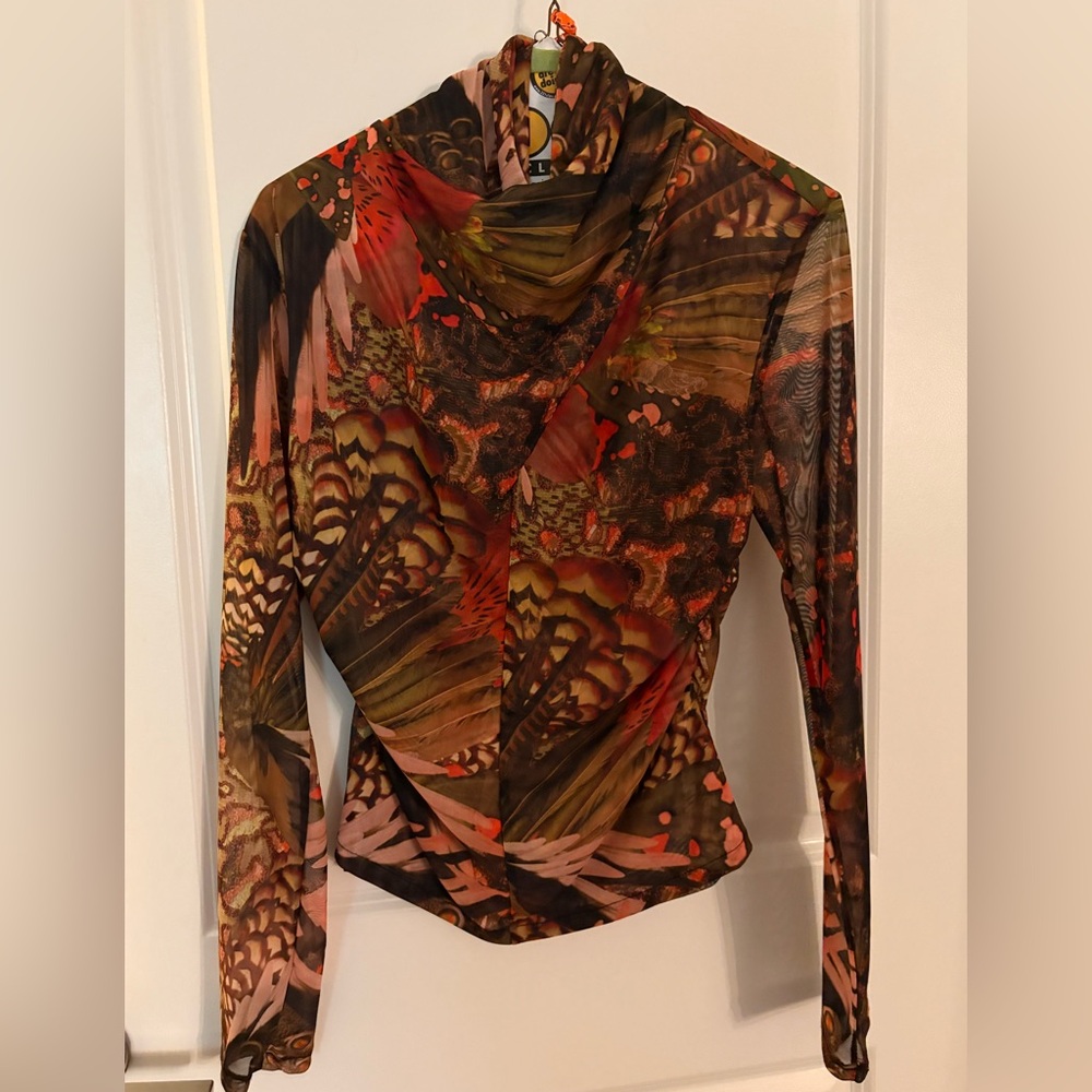 All Saints Multicolor Sheer Long-Sleeve Draped Blouse